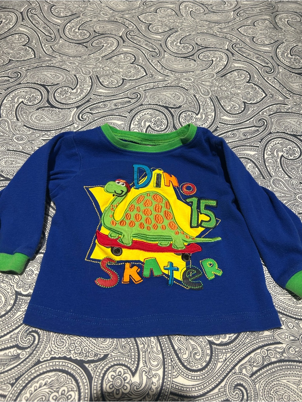 Kids Blue Long-Sleeve Tee with Green Dino Skateboard Graphic